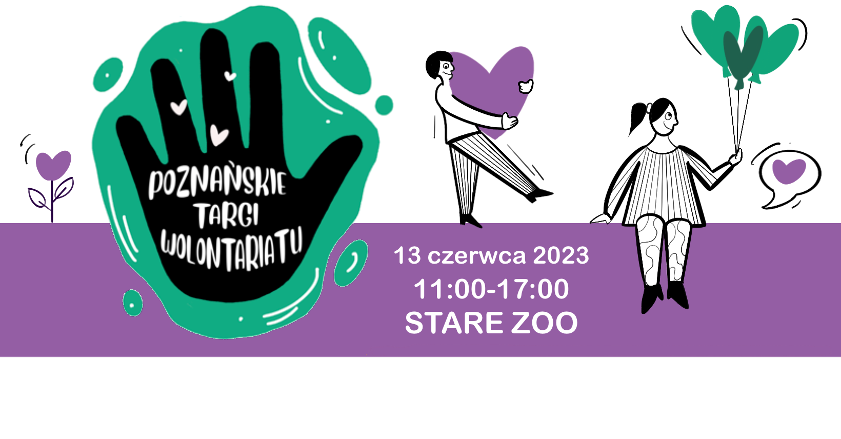 Poznańskie Targi Wolontariatu. Uśmiechnięte komiksowe postaci trzymają w dłoniach balonikowe serduszka. Logo Poznańskich Targów Wolontariatu to odciśnięta dłoń symbolizująca chęć pomagania i współpracę